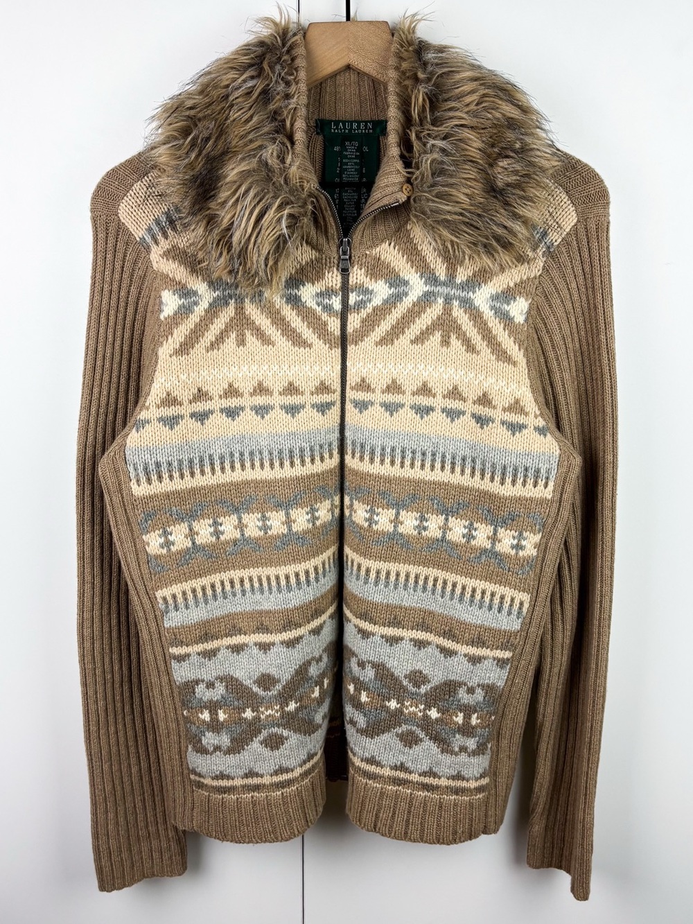 Ralph Lauren Vintage Fair Isle Fur Hooded Zip Cardigan Wool Angora Cashmere Tan
